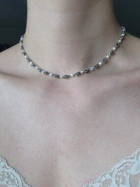 Dainty silver and white pearl choker necklace
